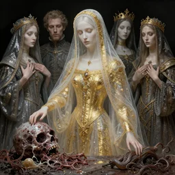 highly detailed 8 k veiled medium shot portrait character design of catholic gothic transparent lady with rotting still life, bastien lecouffe - deharme, peter gric, anna dittmann, slime artstation, maximalist, masterpiece, glittering, gold, silver, ivory, hyperreal, nicola samori