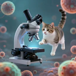 Electron microscope image of a cat floating around next to bacteria