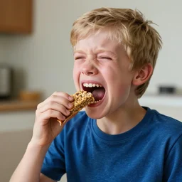 white boy screaming and crying while eating a muesli bar funny photo