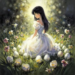 princess of eggshells and wilted flowers. gouache by award - winning mangaka, chiaroscuro, bokeh, backlighting, field of depth