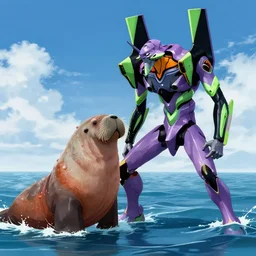 evangelion mecha fighting a walrus in the ocean. production still from big budget science - fiction movie.