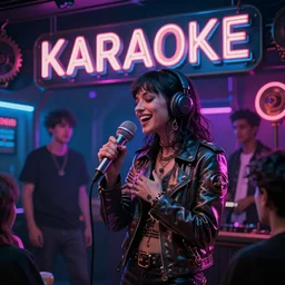 karaoke in the future, neon, japan, punk, trending on artstation, deviantart, cinematic, steampunk, bladerunner