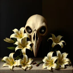 a still life painting of a skill with diamonds in its eyes surrounded by white lilies all in front of a dark shadowy background by francisco de zurbaran