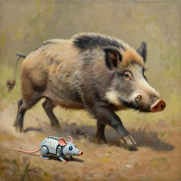 peter elson painting of a primitive wild pig chasing a robot mouse