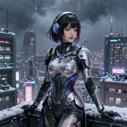 portrait futuristic cute cyberpunk young female Alchemist, in futuristic stormy heavy snowy thunder tokyo rooftop Enchantment cyberpunk night, ssci-fi, fantasy, intricate, very very beautiful, elegant, neon light, highly detailed, digital painting, artstation, concept art, soft light, hdri, smooth, sharp focus, illustration, art by tian zi and craig mullins and WLOP and alphonse mucha