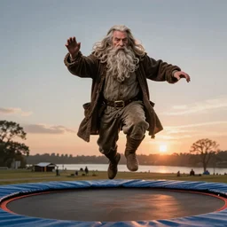 gandalf jumping on a trampoline, highly detailed, digital art,