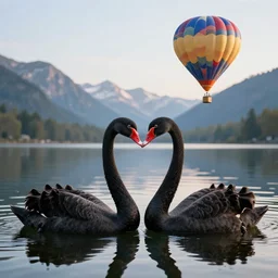 photo of two black swans swimming in a beautiful reflective mountain lake, touching heads, forming a heart with their necks, a colorful hot air balloon is flying above the swans, hot air balloon, intricate, portrait, 8k highly professionally detailed, HDR, CGsociety, octane render, 4k