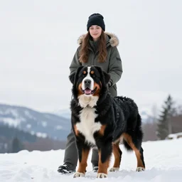 girl riding giant Bernese Mountain Dog in the snow