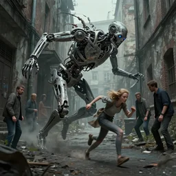 sadie sink runs desperately | a mechanical monstrosity chases sadie sink | alleyway near decaying tenements. concept art for scifi dystopian film. by nikolay makovsky, bob byerley, wadim kashin, andrea kowch. cinematic moody atmosphere, detailed and intricate, perfect anatomy