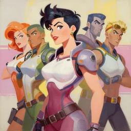 greg manchess portrait painting of overwatch's characters as pinup art, medium shot, asymmetrical, profile picture, organic painting, sunny day, matte painting, bold shapes, hard edges, street art, trending on artstation, by huang guangjian and gil elvgren and sachin teng