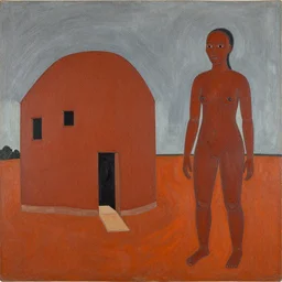 artwork of a building and humanoid individual creature by Emily Kame Kngwarreye,