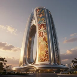 exterior shot of utopian architecture skyscraper with cinematic lighting by zaha hadid and renzo piano, darek zabrocki and greg ruthkowski, alphonse mucha, simon stalenhag, cinematic, scifi, hammer shape, futurism, atmospheric, sunset, concept art, artstation, trending on artstation