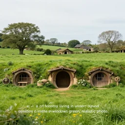 “a town of hobbits living in under ground bungalows in the windows green field, realistic photo”
