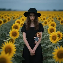a girl standing in a sunflower field, alone, wearing black dress and hat, doll in hand, detailed hands, by ( ( ( andrea kowch ) ) ), dark, scene, magic realism