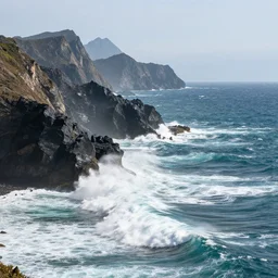 mountain peaks with high waves, blue - green ocean, white waves, by piotr jabłonski