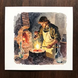 small centered on watercolor paper, paint brush strokes, abstract watercolor painting of medieval glass blower with apron, kiln, glow, cinematic light, glass bottle, glass vase, transparent glass, national romanticism by hans dahl, by jesper ejsing, by anders zorn, by greg rutkowski, by greg manchess, by tyler edlin
