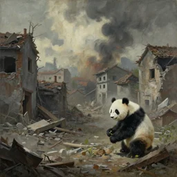 a painting of an apocalypse scene of a destroyed town, only panda are alive