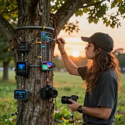 a cyber hippie tree hugger who injects trees with high end technical equipment, canon eos, dof, 4 k, sunset