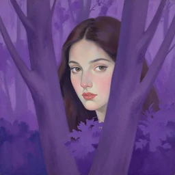 woman's beautiful face peeking through purple trees, by gil elvgren