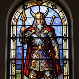 stained glass window of a viking warrior, beautiful, trending on artstation