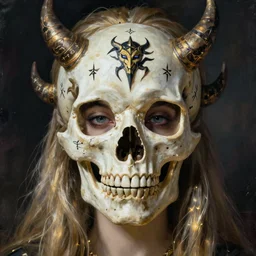skull - masked occultist, demonic sigils, detailed portrait in the style of artgerm and charlie bowater