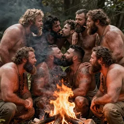 group of massive manly hairy burly strongmen kissing around a campfire, dad energy, photography, brotherhood