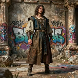 costume design from street graffiti designers, sophisticated composition, old masters light composition, procedurally generated, character posing for concept art, ancient ruins behind, substance designer, PBR, HD, Ultra detailed, hyperrealistic, megascans, volumetric light, concept by master artist, made in paint tool SAI2, trending pixiv face