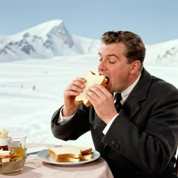 a sandwich devouring a man at The North Pole in the style of Life Magazine