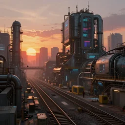 cyberpunk industrial site. cyberpunk factories. cyberpunk city backdrop. sunset. rail tracks. cyberpunk industrial area. digital render. digital painting. beeple. noah bradley. cyril roland. ross tran. trending on artstation