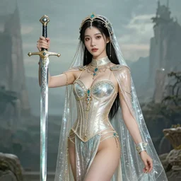 beautiful digital portrait of asian girl priestess carrying glass sabre, corset, bikini, glass Cape, intricate details, fantasy landscape background, detailed face, detailed body, by Jason Chan
