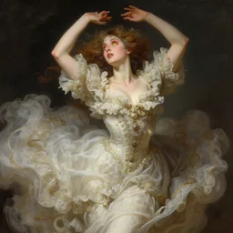 portrait of freedom, ethereal, expressive pose, acrobatic, rainbow eyes, ornate frilly dress, fantasy, intricate, elegant, highly detailed, digital painting, artstation, concept art, smooth, sharp focus, illustration, art by artgerm and greg rutkowski and alphonse mucha