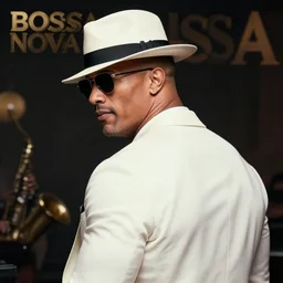 The back view of Dwayne Johnson turning his head over at a 25 degree angle while wearing sunglasses and a white fedora and wearing a white blazer on a Bossa Nova album cover, realistic, 4k resolution, 8k resolution, HD Quality, highly detailed, very detailed, detailed, digital art, trending on artstation, in the style of Jamie Hewlett