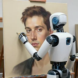robot artist painting a self - portrait on a canvas. intricate, highly detailed, photorealistic, film still, by hans thoma.