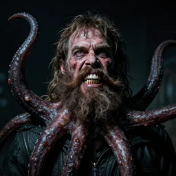 bearded man with living teeth and tentacles in the style of the horror film The Thing 1982