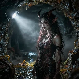 strange and evil daemon - girl in an underground sewer with toxic waste, security camera photography with flash light, photorealistic, flash light, dark horror, dramatic light, volumetric light, mist