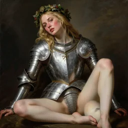 blushing, sweating, seductive saoirse ronan, blonde hair, wearing silver medieval armour, posing seductive, looking seductively, ornate wreath, legs, oil painting by titian, hard focus