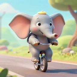 an excited cute big eyed elephant riding a unicycle in the style of pixar, digital art, 3 d render