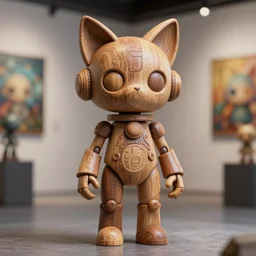 octane render 8 k sculpture beautiful realistic character wooden design art toys collection very cute figurine occult android robot cat ears cyberpunk, photorealistic in gallery of art in background concept art cgsociety style popart