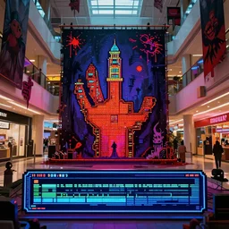 inside a 1 9 8 0's american mall, horror movies decorations, gameplay still frame, 4 colors, pixel art, futuristic, splash screen, level design, high contrast, background, deep focus, highly detailed, dramatic lighting, digital painting, artstation, concept art, matte, greg rutkowski, moebius.