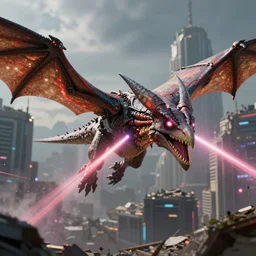 a closeup portrait of a pterodactyl shooting lasers from is eyes flying over a destroyed city cyberpunk, fantasy, 4 k, octane render