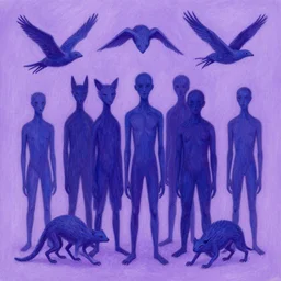 insane by bess hamiti blue - violet. a beautiful drawing of a group of creatures that looks like a mix of different animals. most of the creatures have human - like features, such as arms & legs, & some are standing upright while others are crawling or flying.