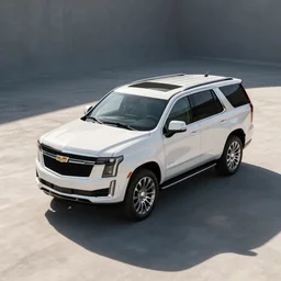 A high angle shot of a white SUV inspired by a Cadillac Escalade and Chevrolet Tahoe