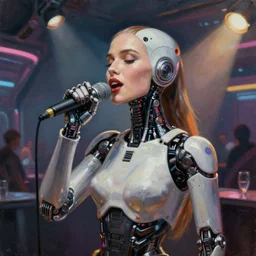 minimalist painting of a sultry female android singing in a sci-fi club, style of Peter Elson