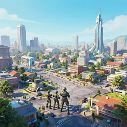 Amazing photorealistic digital concept art of a futuristic military in a small town, by Andrée Wallin and Frank Miller. Cinematic. LED lighting. Bright colors. Wide angle. Clean lines. Balanced composition.