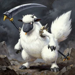 a dramatic and detailed oil painting of absol from pokemon and a natural disaster. color manga by wayne reynolds and ken sugimori | absol has white fur, spurs, a sheep's face, each of it's four limbs ends in large paws with three clawed talons, the floof of a white silkie chicken shaped like a sleek edgy wolf, with a scythe ear, with a scimitar tail, with a dark face