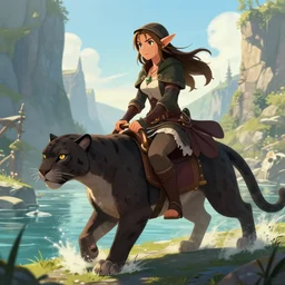 D&D art of a female halfling rogue with hairy feet, riding on top of a panther through waterdeep, sunny afternoon