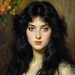 Beautiful black-haired Goddess. Extremely high detail, details, realistic, masterpiece, colorful. Portrait painting by Arthur Rackham, Eugene de Blaas, Frederic Leighton