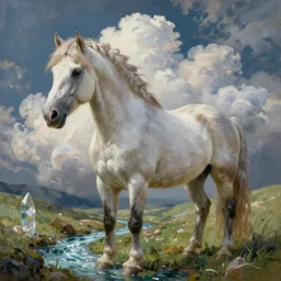 very realistic oil painting of horse made of clouds , beautiful, highly detailed, masterpiece, next to a small crystal clear river, Hearthstone style