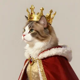 side profile of a cat wearing a crown and royal cloak, fantasy, digital painting, volumetric light, intricate, sharp, focus, bloom, illustration, highly detailed, concept art, matte, ruan jia, randy vargas, greg rutkowski