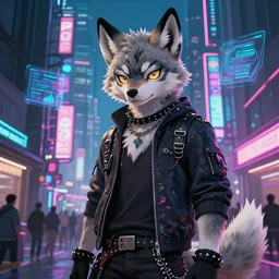 beautiful furry digital art portrait commission of an androgynous furry anthro wolf fursona wearing punk clothes in the streets of a cyberpunk city. neon signs, detailed background, futuristic adverts, holographics. character design by skeleion, thanshuhai, zaush, imalou, rick griffin, tessgarman, angiewolf, rube, fa, furraffinity